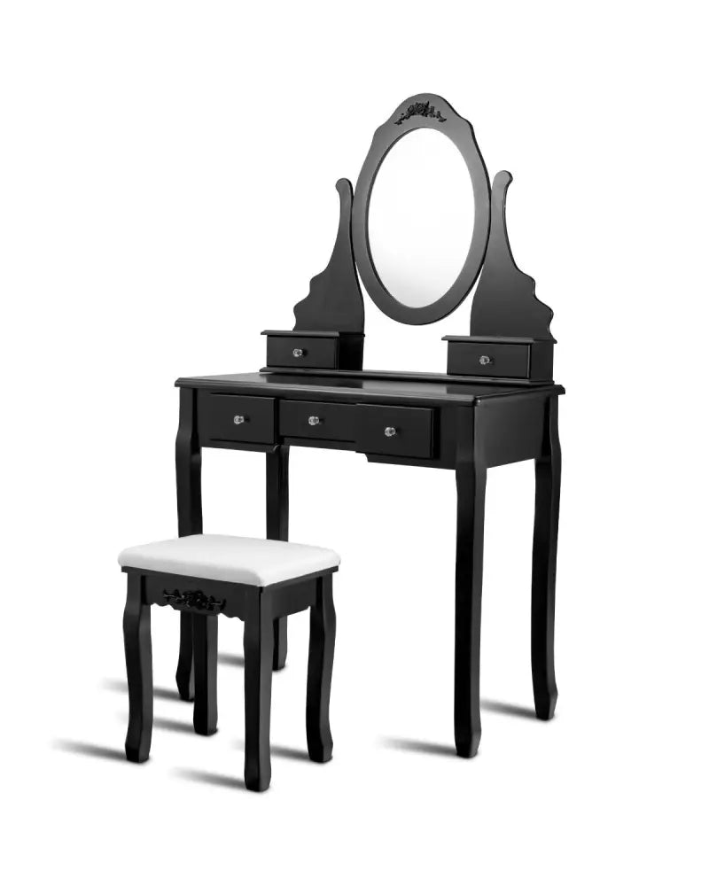 Wooden Vanity Set with 360° Rotating Oval Mirror and Cushioned Stool-Black - Black - Makeup Vanities