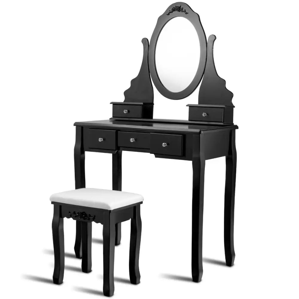 Wooden Vanity Set with 360° Rotating Oval Mirror and Cushioned Stool-Black - Black - Makeup Vanities