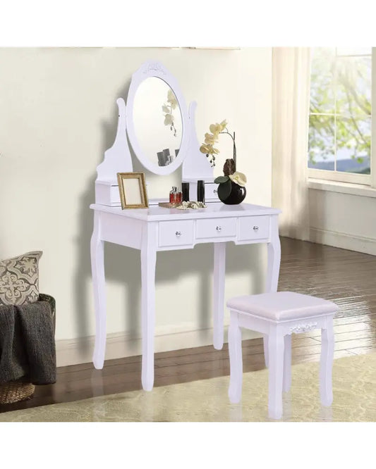 Wooden Vanity Set with 360° Rotating Oval Mirror and Cushioned Stool-White - White - Makeup Vanities