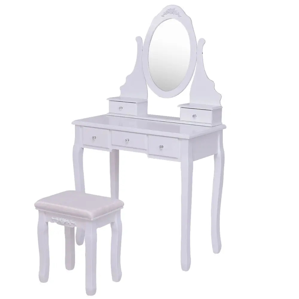 Wooden Vanity Set with 360° Rotating Oval Mirror and Cushioned Stool-White - White - Makeup Vanities