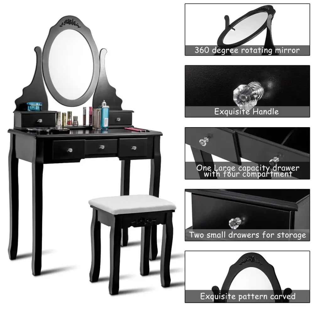 Wooden Vanity Set with 360° Rotating Oval Mirror and Cushioned Stool-Black - Black - Makeup Vanities