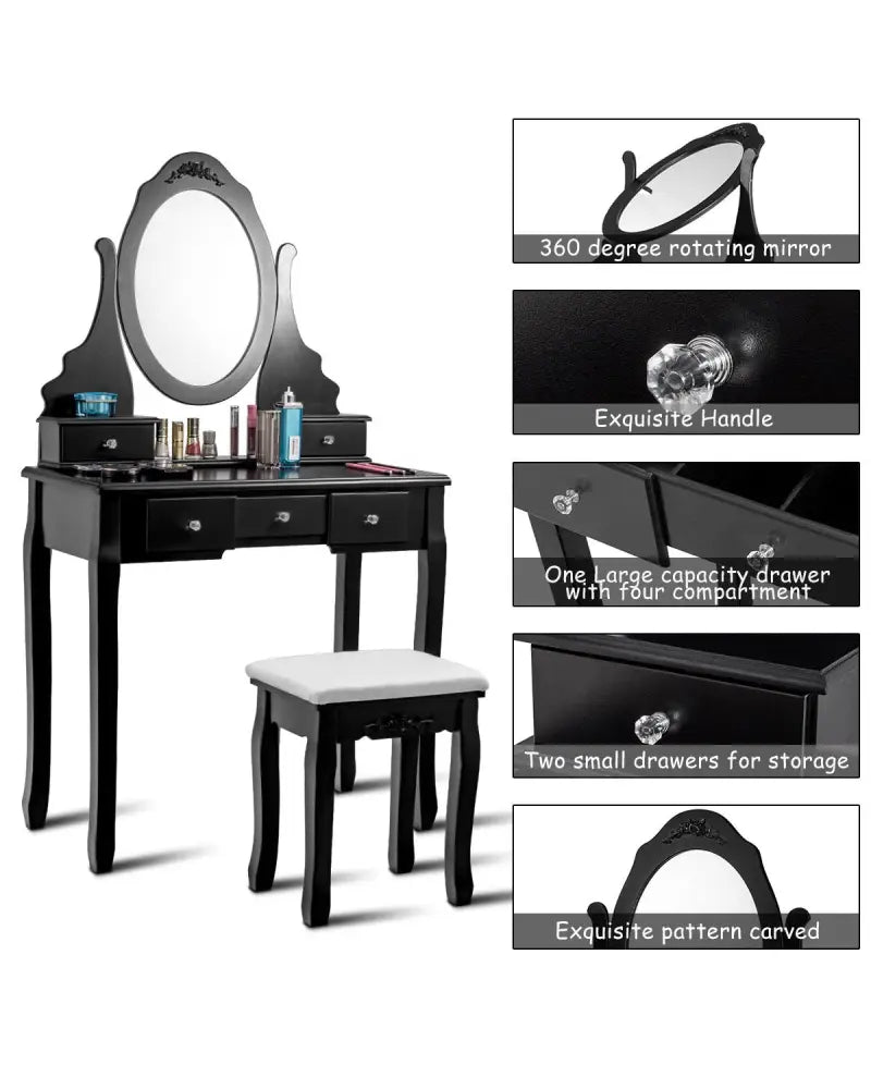 Wooden Vanity Set with 360° Rotating Oval Mirror and Cushioned Stool-Black - Black - Makeup Vanities