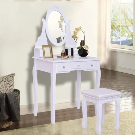 Wooden Vanity Set with 360° Rotating Oval Mirror and Cushioned Stool-White - White - Makeup Vanities