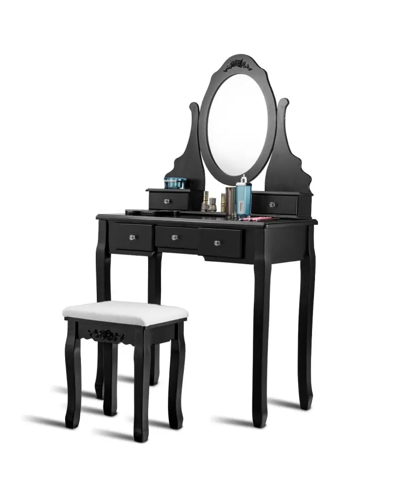 Wooden Vanity Set with 360° Rotating Oval Mirror and Cushioned Stool-Black - Black - Makeup Vanities