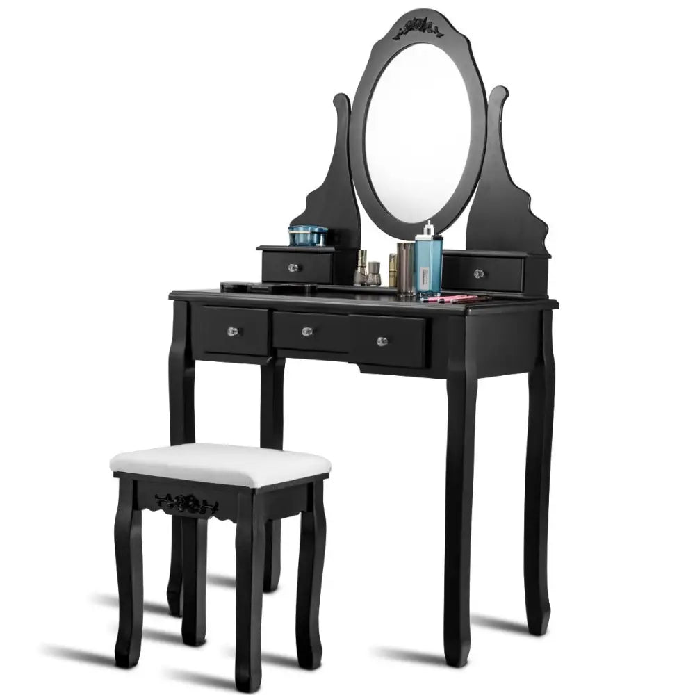 Wooden Vanity Set with 360° Rotating Oval Mirror and Cushioned Stool-Black - Black - Makeup Vanities