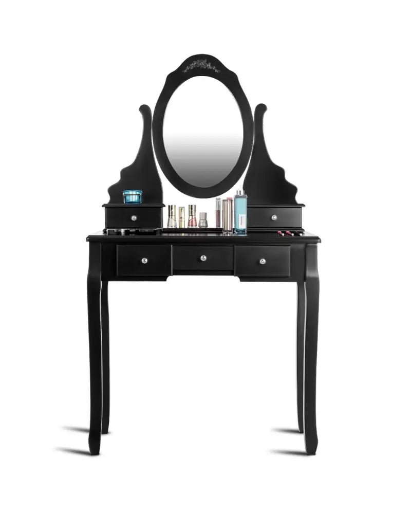Wooden Vanity Set with 360° Rotating Oval Mirror and Cushioned Stool-Black - Black - Makeup Vanities