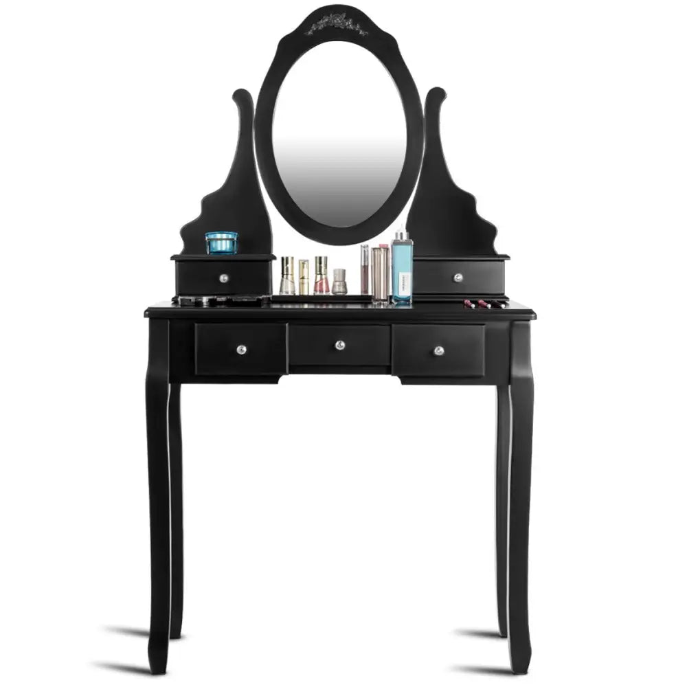 Wooden Vanity Set with 360° Rotating Oval Mirror and Cushioned Stool-Black - Black - Makeup Vanities