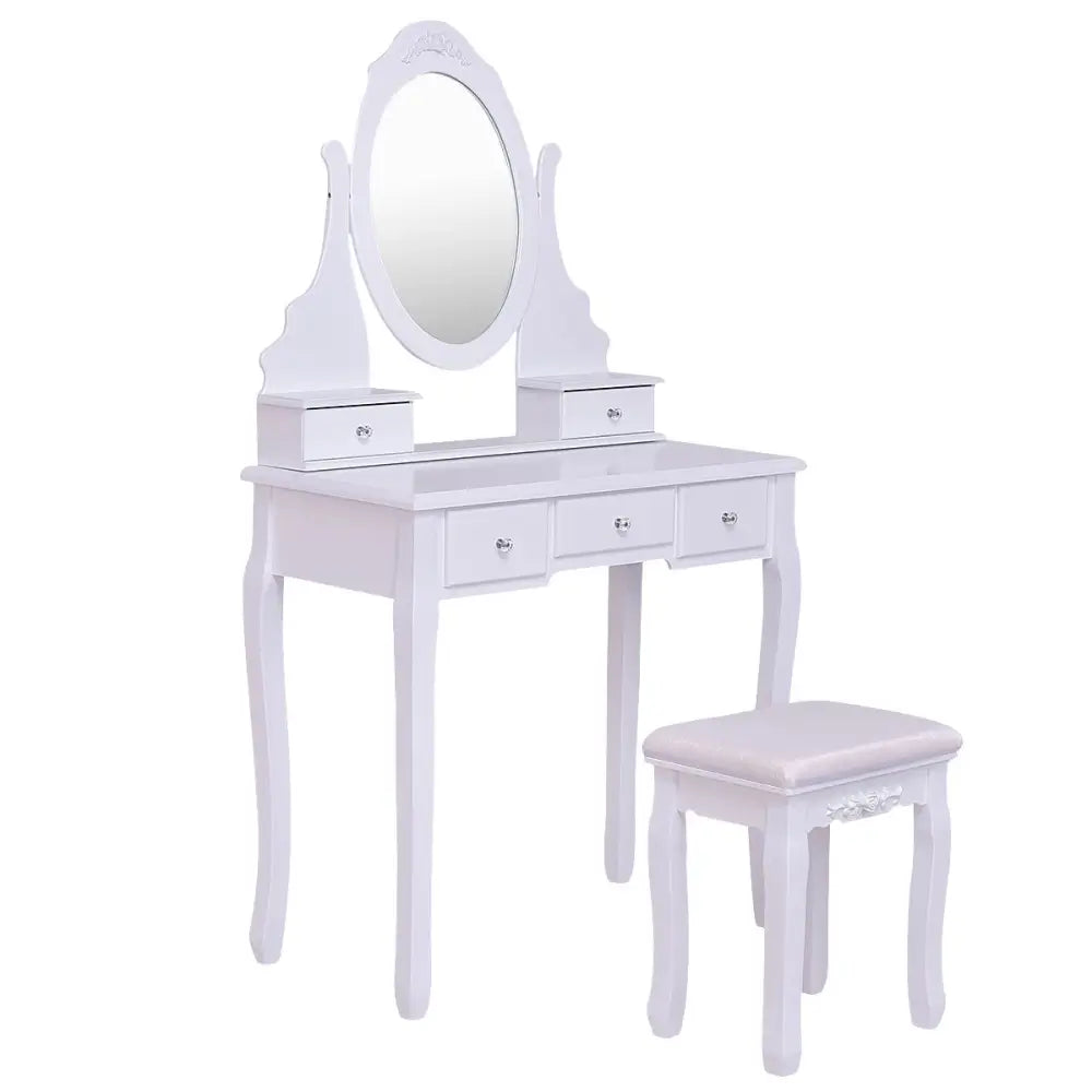 Wooden Vanity Set with 360° Rotating Oval Mirror and Cushioned Stool-White - White - Makeup Vanities