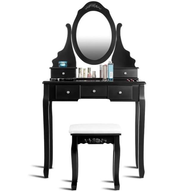 Wooden Vanity Set with 360° Rotating Oval Mirror and Cushioned Stool-Black - Black - Makeup Vanities