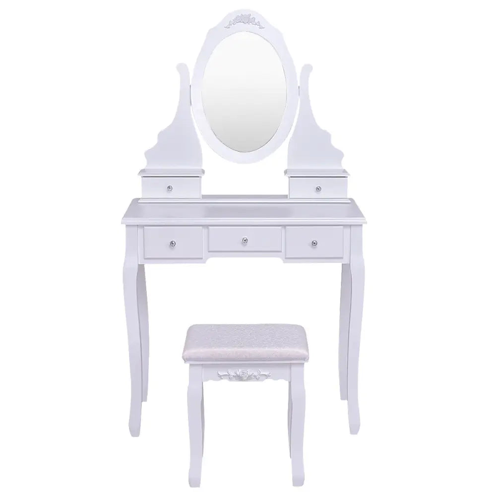 Wooden Vanity Set with 360° Rotating Oval Mirror and Cushioned Stool-White - White - Makeup Vanities