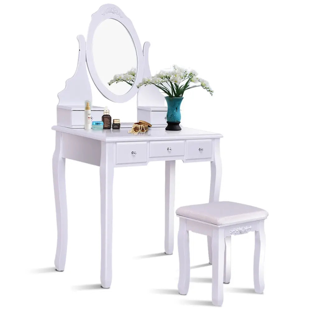 Wooden Vanity Set with 360° Rotating Oval Mirror and Cushioned Stool-White - White - Makeup Vanities