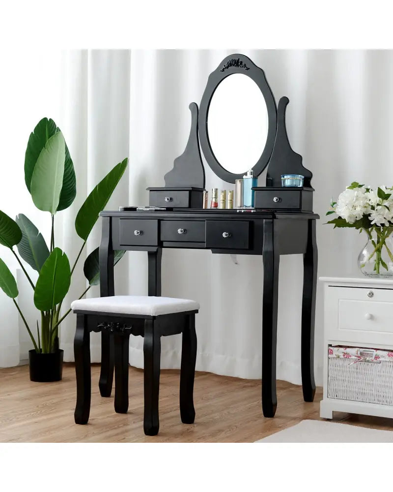 Wooden Vanity Set with 360° Rotating Oval Mirror and Cushioned Stool-Black - Black - Makeup Vanities