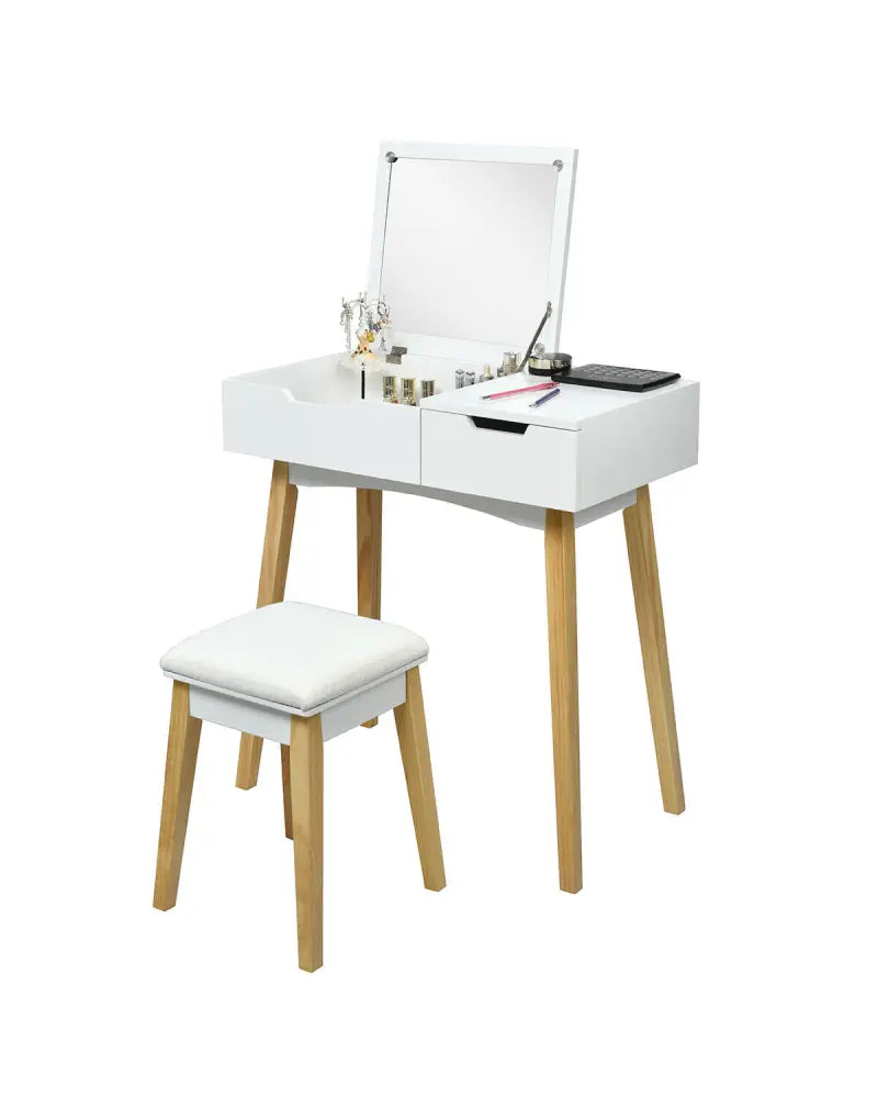Wooden Vanity Table with Flip Top Mirror and Cushioned Stool - White - Makeup Vanities