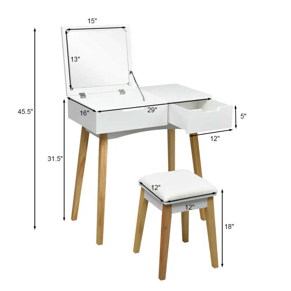 Wooden Vanity Table with Flip Top Mirror and Cushioned Stool - White - Makeup Vanities