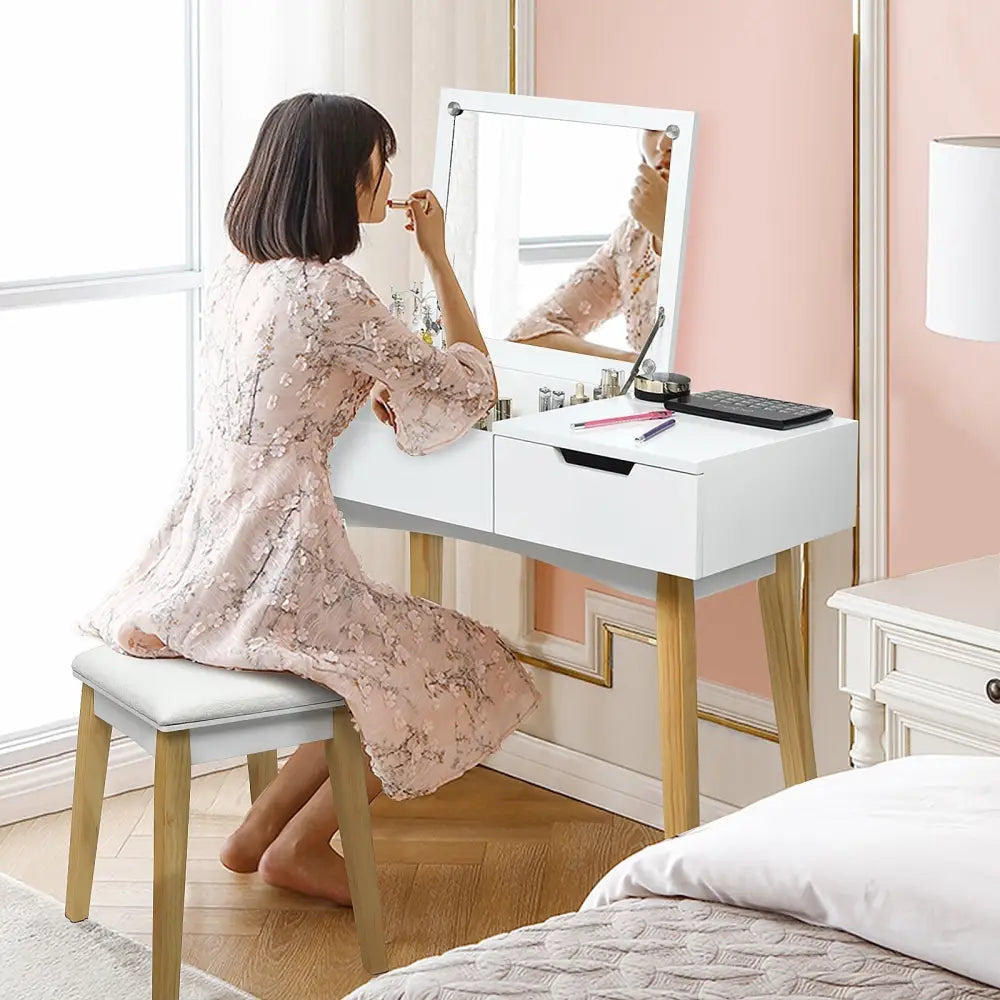 Wooden Vanity Table with Flip Top Mirror and Cushioned Stool - White - Makeup Vanities