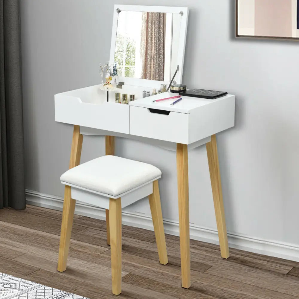 Wooden Vanity Table with Flip Top Mirror and Cushioned Stool - White - Makeup Vanities