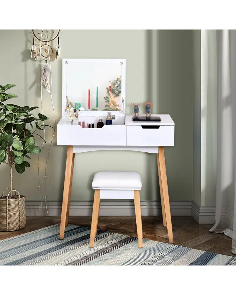 Wooden Vanity Table with Flip Top Mirror and Cushioned Stool - White - Makeup Vanities
