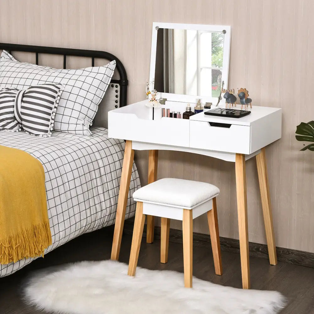 Wooden Vanity Table with Flip Top Mirror and Cushioned Stool - White - Makeup Vanities
