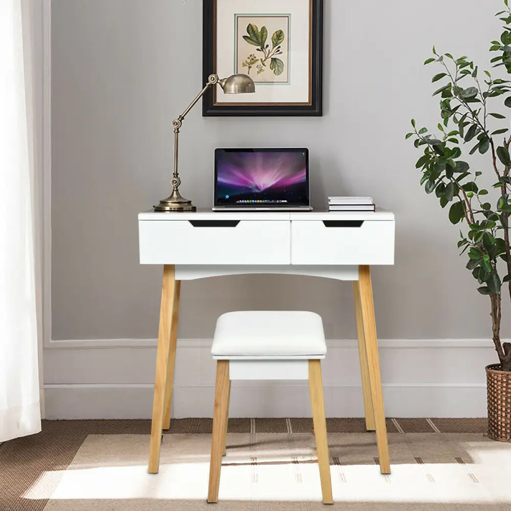 Wooden Vanity Table with Flip Top Mirror and Cushioned Stool - White - Makeup Vanities