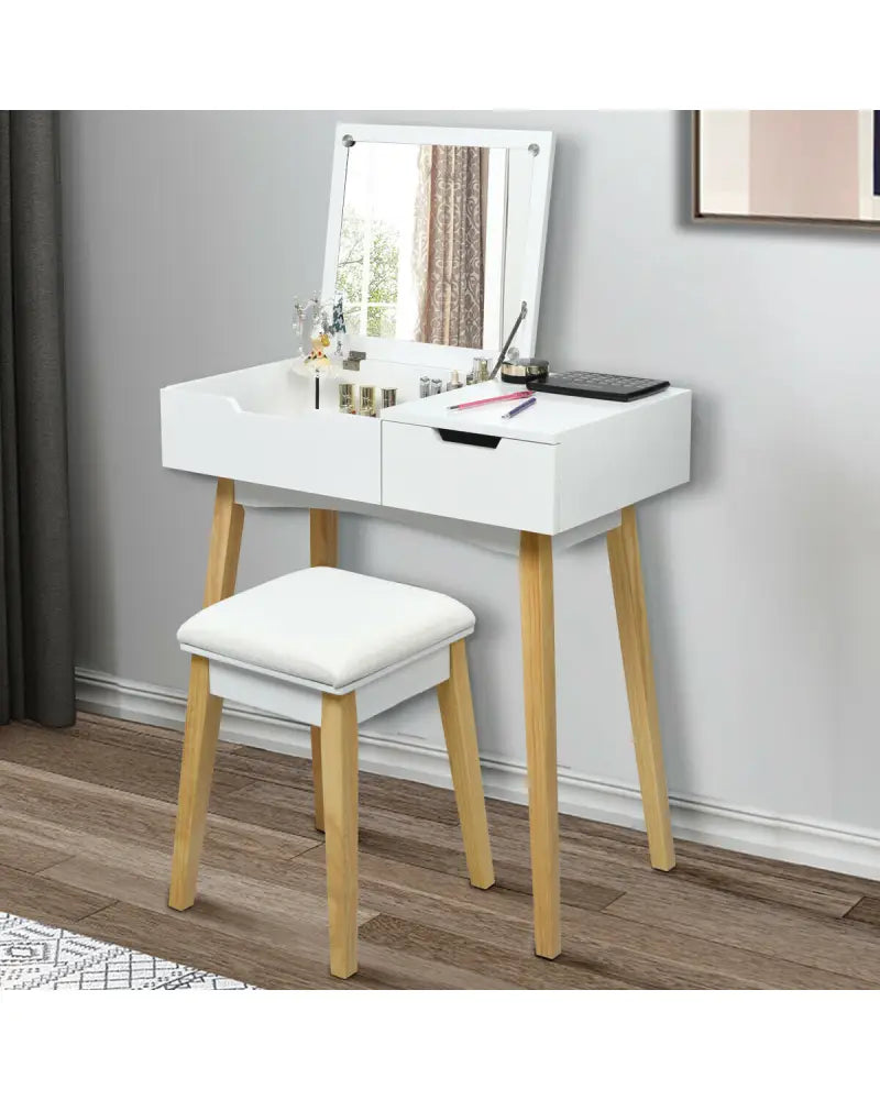 Wooden Vanity Table with Flip Top Mirror and Cushioned Stool - White - Makeup Vanities