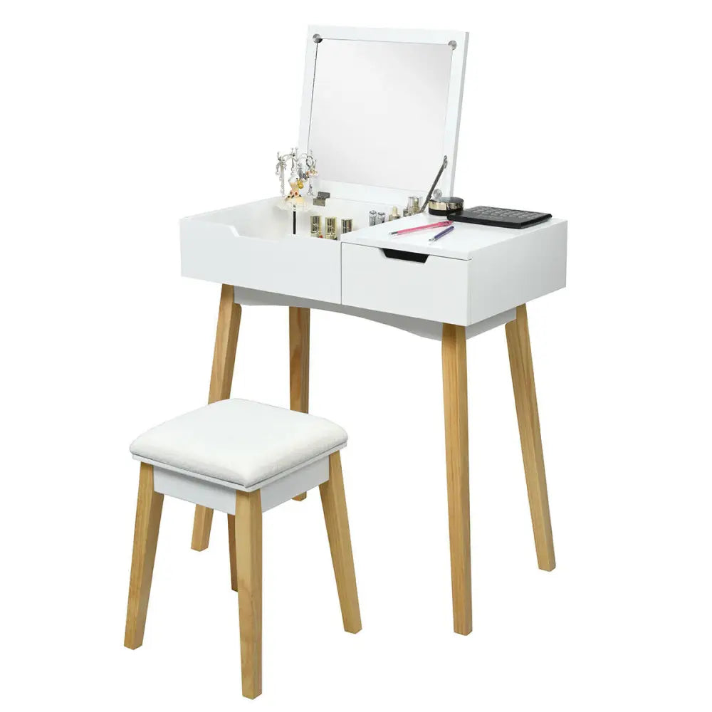 Wooden Vanity Table with Flip Top Mirror and Cushioned Stool - White - Makeup Vanities