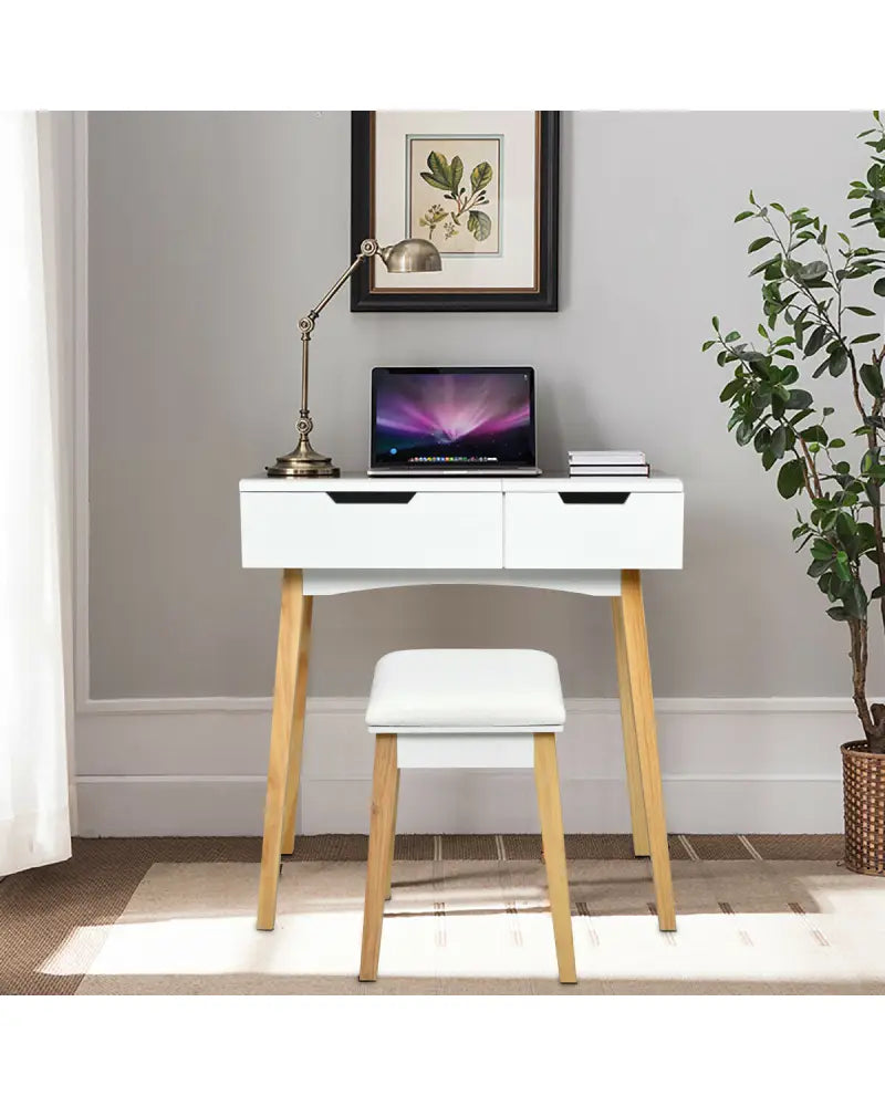 Wooden Vanity Table with Flip Top Mirror and Cushioned Stool - White - Makeup Vanities