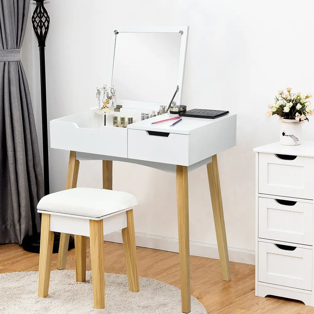 Wooden Vanity Table with Flip Top Mirror and Cushioned Stool - White - Makeup Vanities