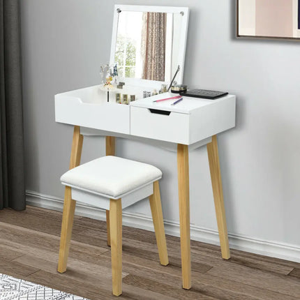 Wooden Vanity Table with Flip Top Mirror and Cushioned Stool - White - Makeup Vanities