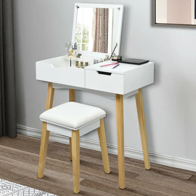 Wooden Vanity Table with Flip Top Mirror and Cushioned Stool - White - Makeup Vanities