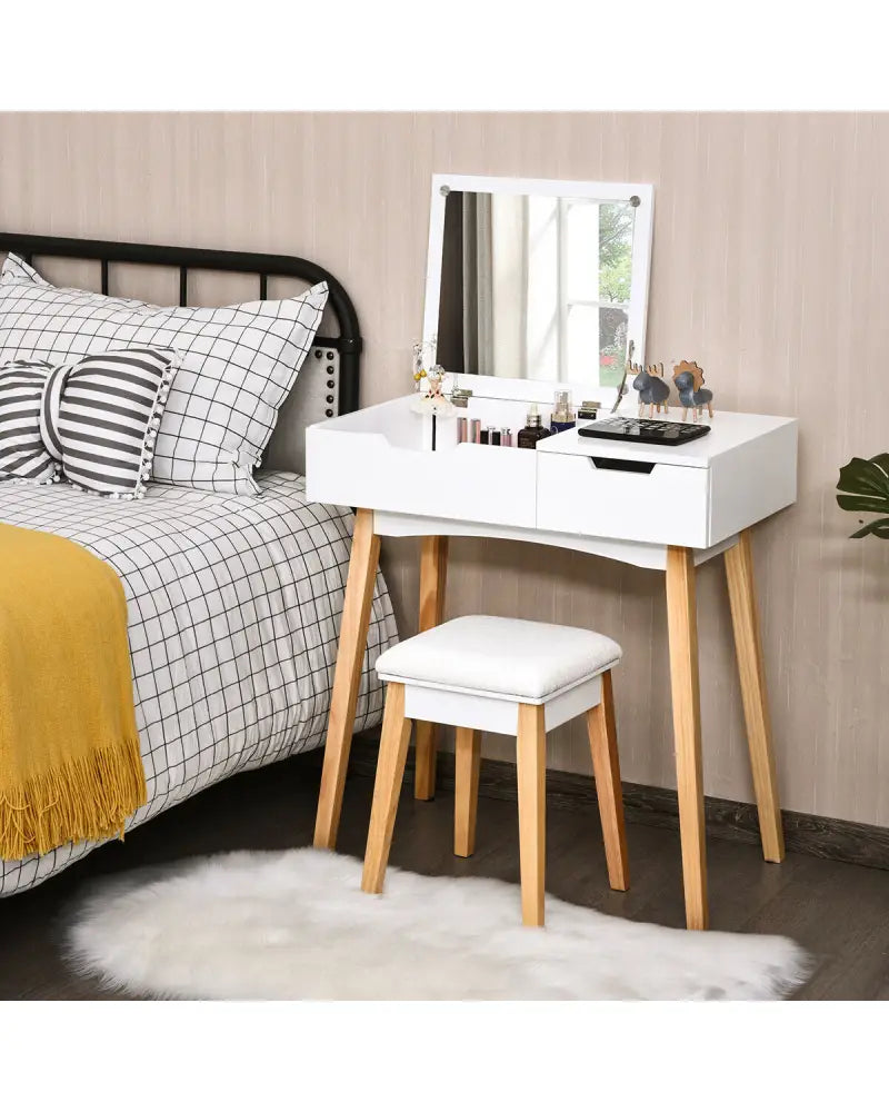 Wooden Vanity Table with Flip Top Mirror and Cushioned Stool - White - Makeup Vanities