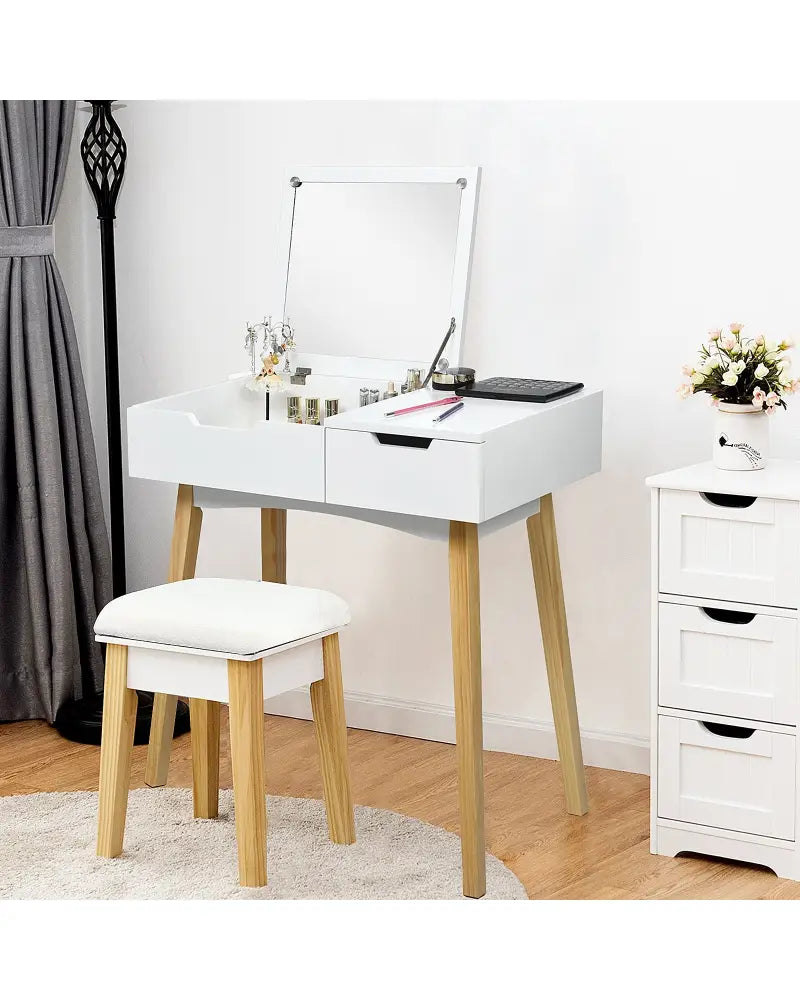 Wooden Vanity Table with Flip Top Mirror and Cushioned Stool - White - Makeup Vanities