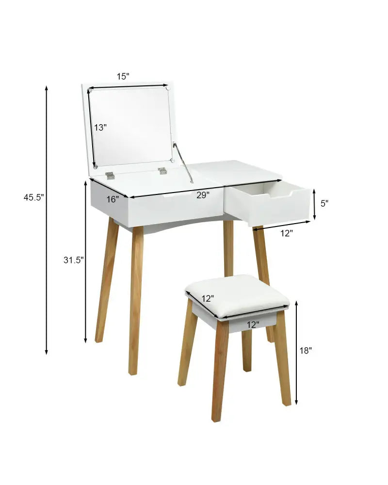 Wooden Vanity Table with Flip Top Mirror and Cushioned Stool - White - Makeup Vanities