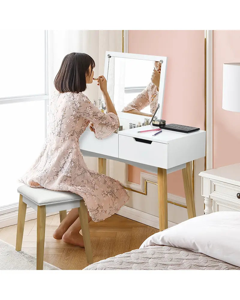 Wooden Vanity Table with Flip Top Mirror and Cushioned Stool - White - Makeup Vanities