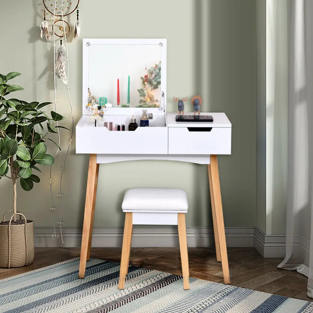 Wooden Vanity Table with Flip Top Mirror and Cushioned Stool - White - Makeup Vanities