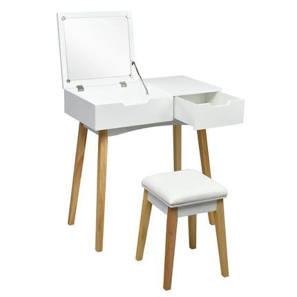 Wooden Vanity Table with Flip Top Mirror and Cushioned Stool - White - Makeup Vanities