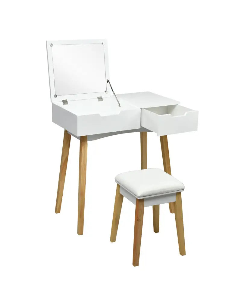 Wooden Vanity Table with Flip Top Mirror and Cushioned Stool - White - Makeup Vanities