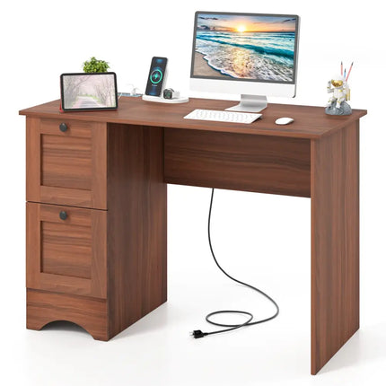 Wooden Vintage Computer Desk with 2 Drawers for Home and Office-Walnut - Walnut - Computer Desks