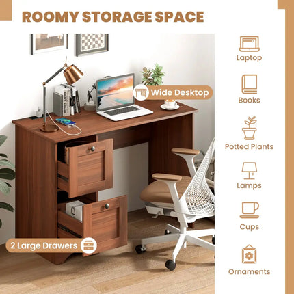 Wooden Vintage Computer Desk with 2 Drawers for Home and Office-Walnut - Walnut - Computer Desks