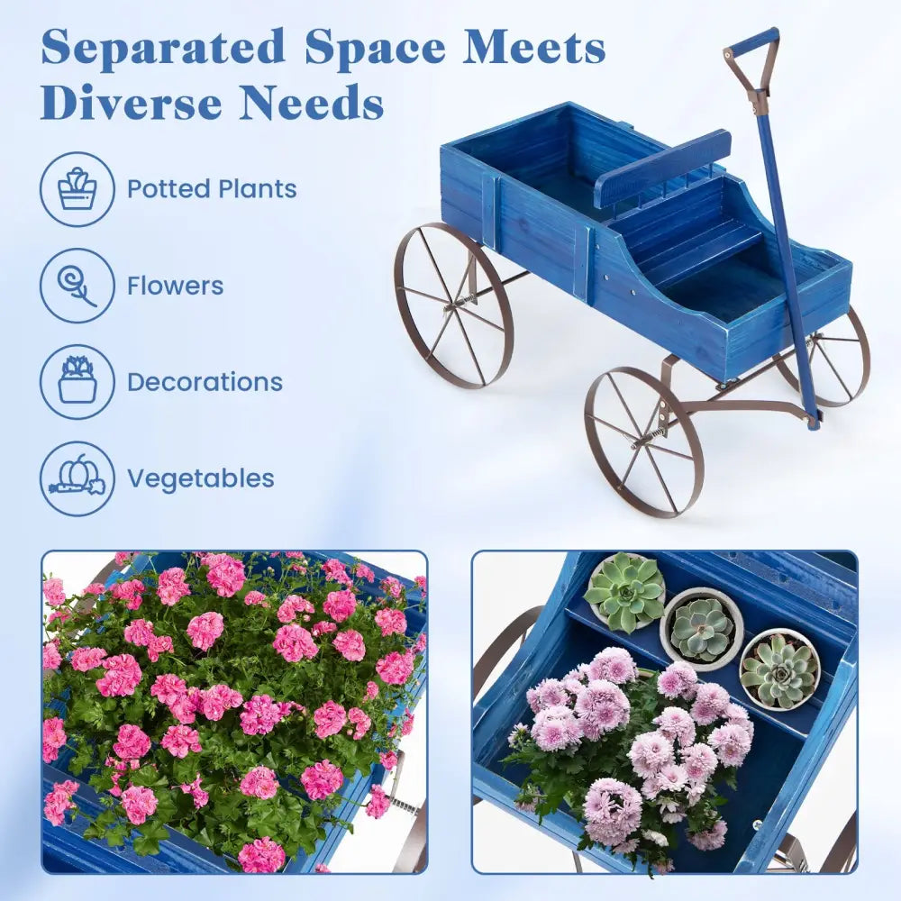 Wooden Wagon Plant Bed with Metal Wheels for Garden Yard Patio-Blue - Blue - Raised Garden Beds