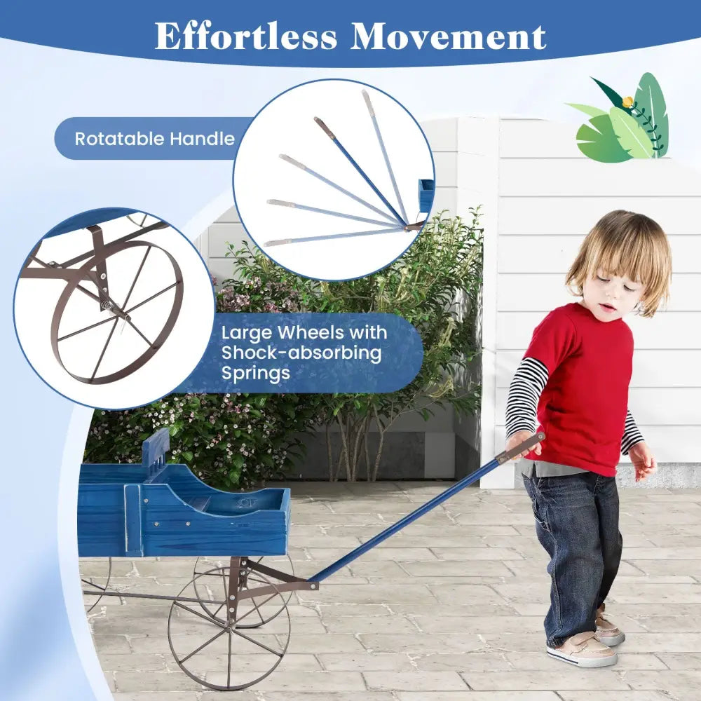 Wooden Wagon Plant Bed with Metal Wheels for Garden Yard Patio-Blue - Blue - Raised Garden Beds