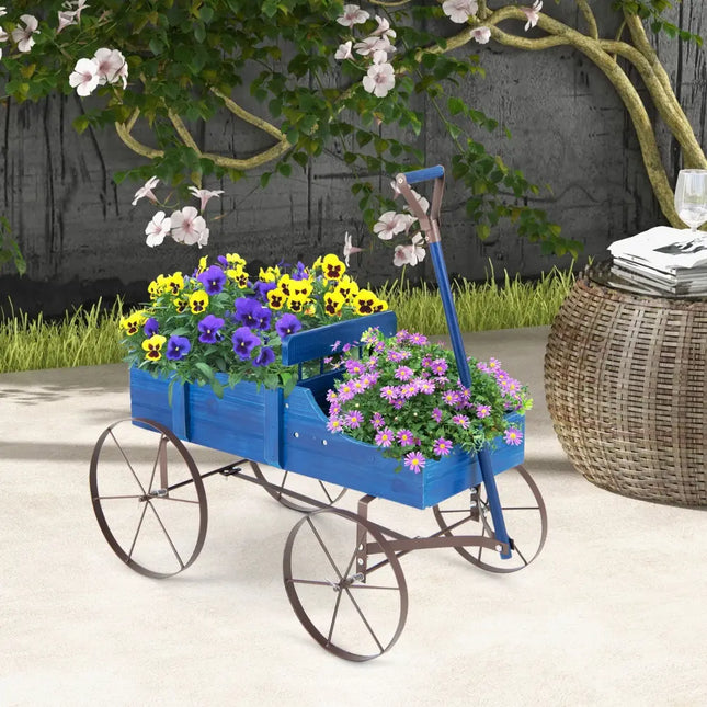 Wooden Wagon Plant Bed with Metal Wheels for Garden Yard Patio-Blue - Blue - Raised Garden Beds