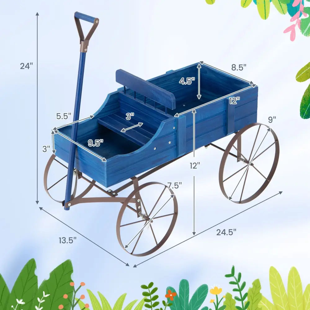 Wooden Wagon Plant Bed with Metal Wheels for Garden Yard Patio-Blue - Blue - Raised Garden Beds