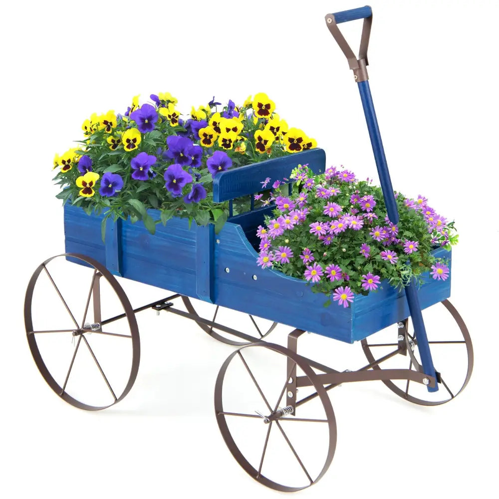 Wooden Wagon Plant Bed with Metal Wheels for Garden Yard Patio-Blue - Blue - Raised Garden Beds