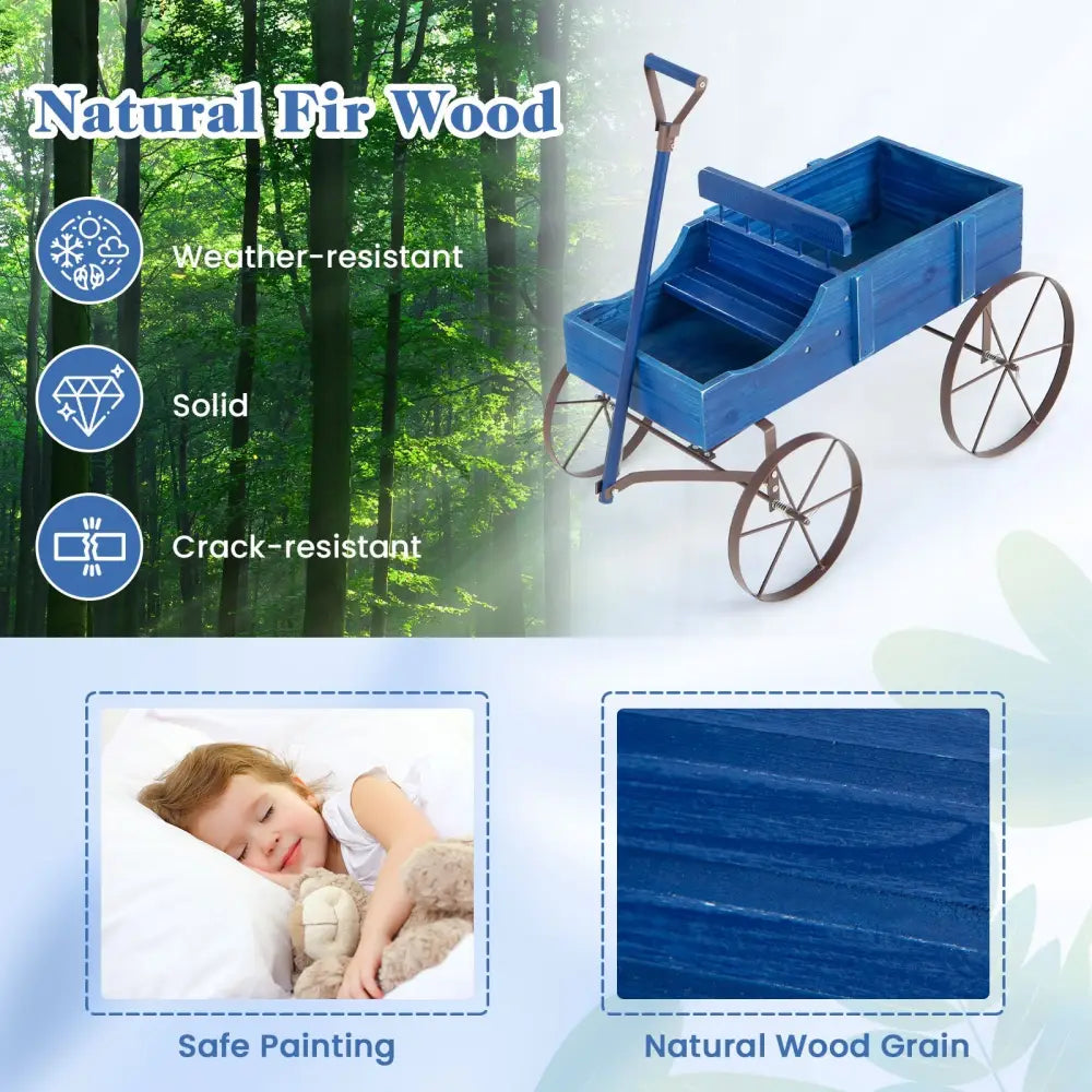 Wooden Wagon Plant Bed with Metal Wheels for Garden Yard Patio-Blue - Blue - Raised Garden Beds