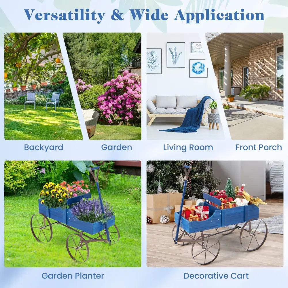 Wooden Wagon Plant Bed with Metal Wheels for Garden Yard Patio-Blue - Blue - Raised Garden Beds