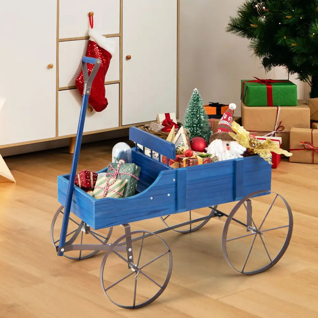 Wooden Wagon Plant Bed with Metal Wheels for Garden Yard Patio-Blue - Blue - Raised Garden Beds