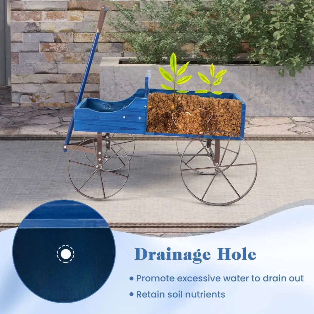 Wooden Wagon Plant Bed with Metal Wheels for Garden Yard Patio-Blue - Blue - Raised Garden Beds