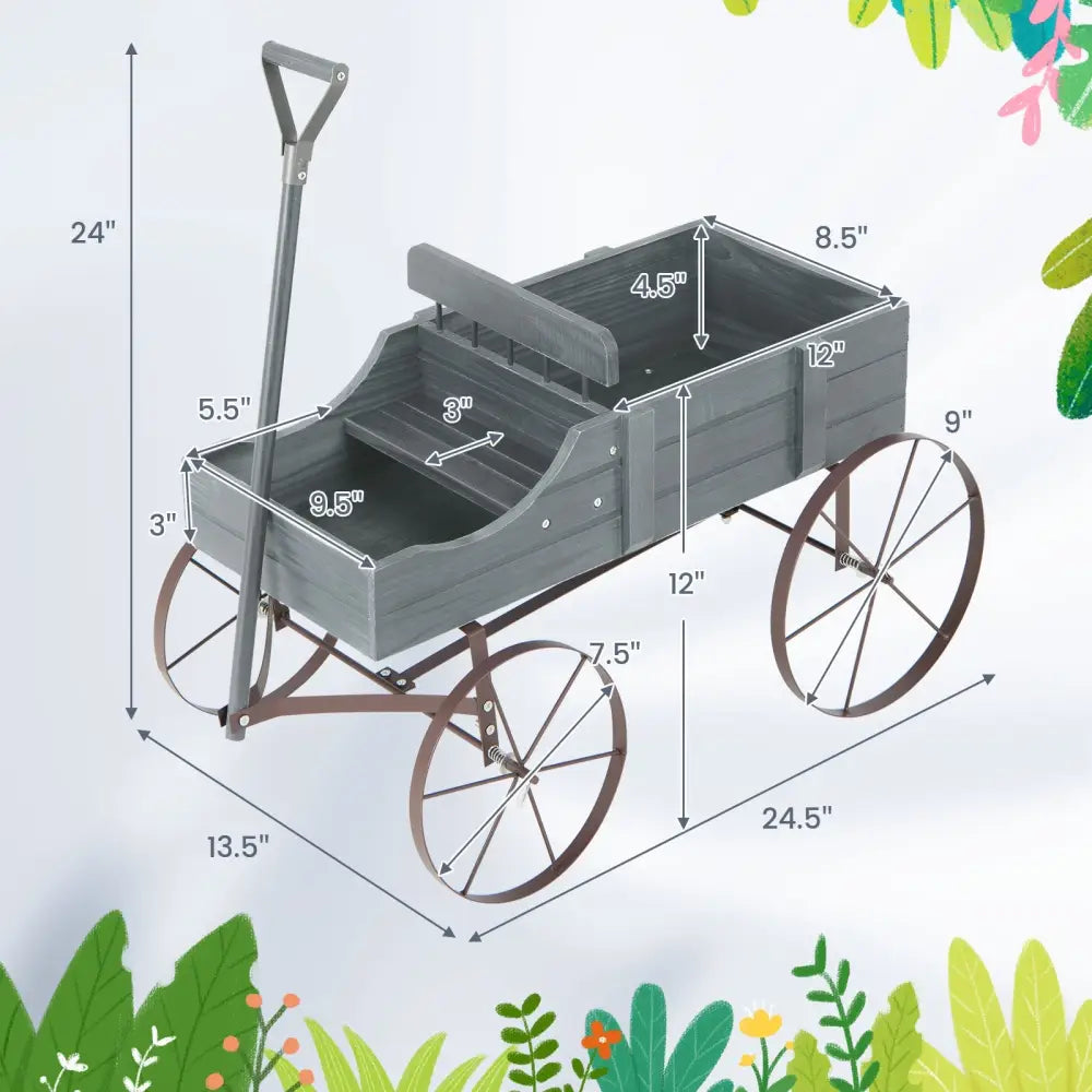 Wooden Wagon Plant Bed with Metal Wheels for Garden Yard Patio-Gray - Gray - Raised Garden Beds