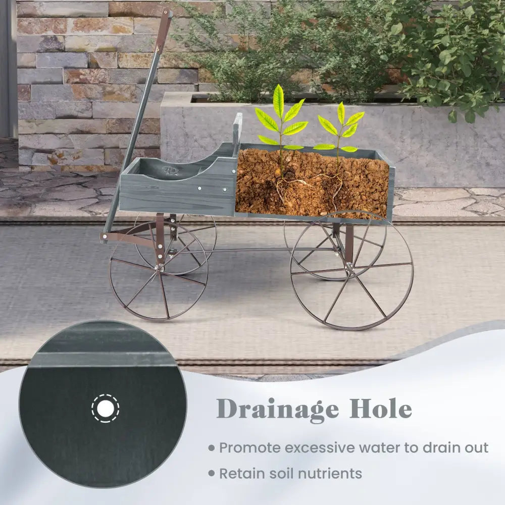 Wooden Wagon Plant Bed with Metal Wheels for Garden Yard Patio-Gray - Gray - Raised Garden Beds