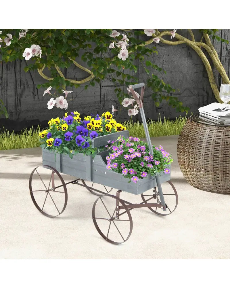 Wooden Wagon Plant Bed with Metal Wheels for Garden Yard Patio-Gray - Gray - Raised Garden Beds
